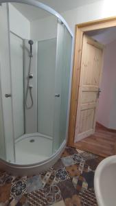 a bathroom with a shower with a toilet and a sink at Roubenka in Nieder Kreibitz