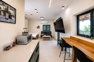 a kitchen and living room with a tv and a couch at בהט בגולן - מתחם נופש עם 2 דירות אירוח ברמת הגולן in Ein Zivan