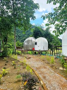 two domes and a bench in a field with trees at SKYLINE vangvieng Resort in Vang Vieng +3 photos