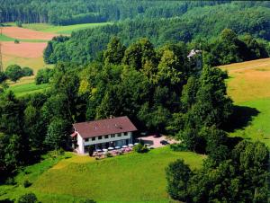 an aerial view of a house in the middle of a field at Hotel Hohe Flum in Schopfheim