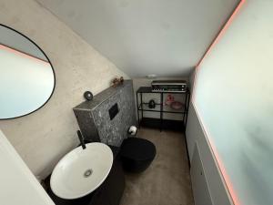 a small bathroom with a sink and a mirror at gleisbett12-4 in Meiningen +35 photos