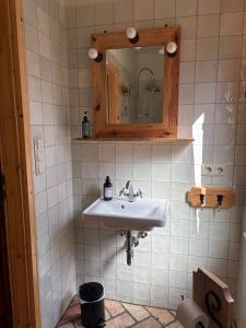a bathroom with a sink and a mirror at Alte Schmiede in Schwielochsee