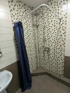 a shower with a blue curtain in a bathroom at Hotel Anari in Sik't'arva +39 photos