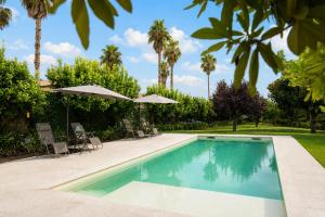 a swimming pool with chairs and umbrellas and palm trees at Quintinha d´Avó in Vila de Prado