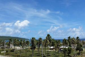 a group of palm trees in a field with the ocean at Tinian diamond hotel in Tinian International Airport