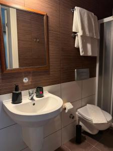 ein Badezimmer mit Waschbecken, Toilette und Spiegel in der Unterkunft Nar Bağevi in Bozcaada