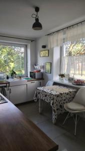 a kitchen with a table and a kitchen with a sink at Willa Myśliwska Giżycko in Giżycko