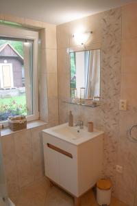 a bathroom with a sink and a mirror and a window at Chalupa Na Žofíně in Horní Podluží +26 photos