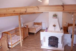 a living room with a fireplace and a bedroom at Chalupa Na Žofíně in Horní Podluží