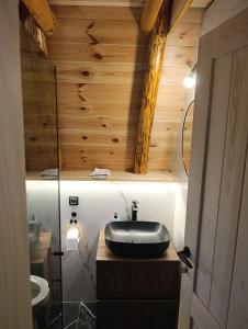 a bathroom with a sink and a wooden wall at Holiday bungalows Pajkovir in Kolašin +192 photos