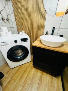a bathroom with a washing machine and a sink at Antonia home 2 in Târgu-Mureş