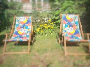 two chairs sitting in the grass next to flowers at Dom Widny Jaś zaprasza nad jezioro na Kaszuby in Sulęczyno