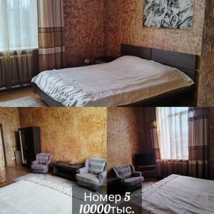 a bedroom with a bed and a room with a bed and chairs at Швейцария in Karataldy
