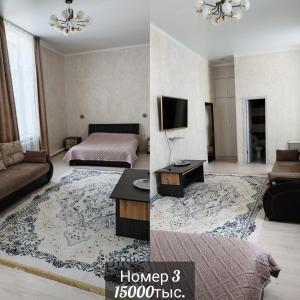 a living room with a bed and a room with a tv at Швейцария in Karataldy