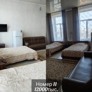 a hotel room with two beds and a couch at Швейцария in Karataldy +4 photos