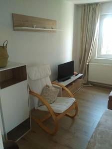 a living room with a chair and a desk with a laptop at Blick-ueber-Hohegeiss in Hohegeiß