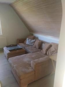 a living room with a couch and a sloped ceiling at Blick-ueber-Hohegeiss in Hohegeiß