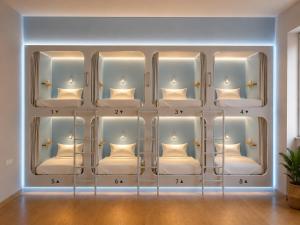 a room with four shelves with white pillows at BeachBox in Piraeus