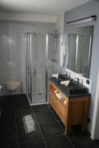 a bathroom with a shower and a sink and a toilet at Hotel Oude Eycke in Maaseik