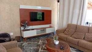 a living room with a couch and a tv at Chacara Mansao completa 28 pessoas TOMORROWLAND in Itu