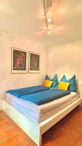 a bedroom with a bed with blue and yellow pillows at Ferienhaus am Land in Mogersdorf