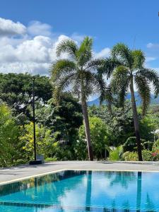 a swimming pool with two palm trees in the background at ธนาภา 