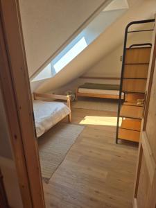 a attic room with two bunk beds and a ladder at Appartment Haus Zirknitz in Mitterzirknitz