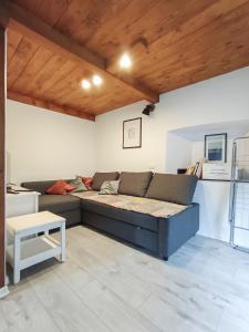 a large couch in a room with wooden ceilings at počitniška hiška MEDVEJKE in Slap ob Idrijci