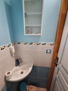 a small bathroom with a sink and a mirror at Gite de la véore in Chabeuil