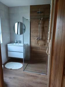 a bathroom with a shower with a sink and a mirror at Relaks przy lesie in Idzbark +52 photos