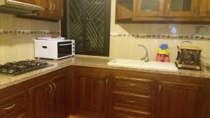 a kitchen counter with a sink and a microwave at Marrakech Le Joyau de l'ourika in Ourika