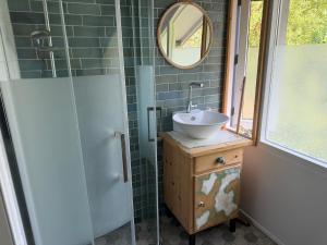 a bathroom with a sink and a mirror at Suzie's Cottage in Aalten +9 photos