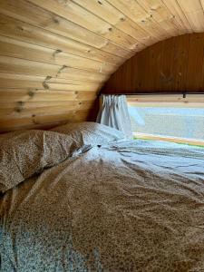 a bed in a wooden room with a window at Barrel de Verreblik in Pieterburen