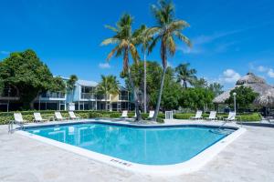 a pool with chairs and palm trees in a resort at Oceanfront 5th Floor Penthouse in Key Largo