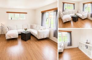 two pictures of a living room with white furniture at Midtigården in Teksdal