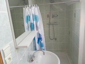 a bathroom with a sink and a shower with a mirror at La maison aux papillons in Tregueux +4 photos