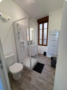 a white bathroom with a toilet and a shower at Chambre avec salle de bain privé in Neuvic