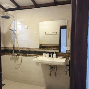a bathroom with a sink and a shower and a mirror at Beach 365 in Nilaveli