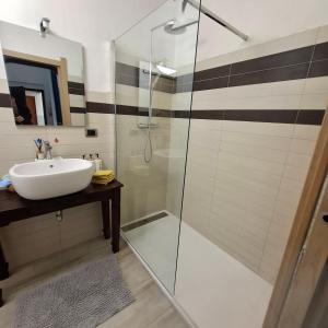 a bathroom with a sink and a shower at Casa Magenta Appartamento con giardino e bbq ad Asti in Asti +41 photos
