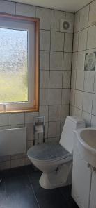 a bathroom with a toilet and a sink and a window at Black Pearl in Höjaholm +12 photos