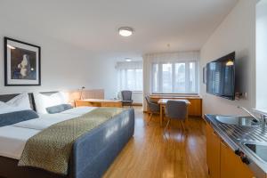a bedroom with a bed and a kitchen with a sink at Studiowohnungen am Rieger-Hof in Hartmannsdorf