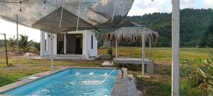 a house with a swimming pool in the yard at Homestay Kamila Mersing in Mersing