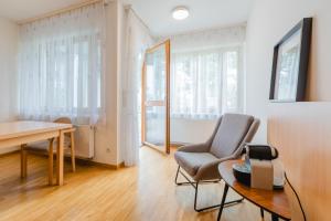 a living room with a chair and a table at Studiowohnungen am Rieger-Hof in Hartmannsdorf