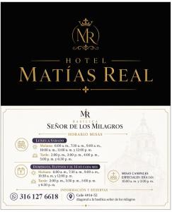 a ticket for a hotel matias real with a certificate at Hotel Matias Real in Buga +1 photo