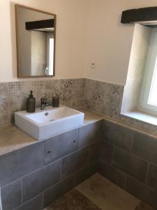 a bathroom with a white sink and a mirror at Pigeonnier La Carole 35m2 in Monlezun +15 photos