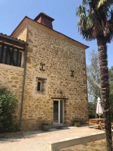 a building with a palm tree in front of it at Pigeonnier La Carole 35m2 in Monlezun