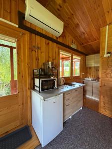 a kitchen with a white refrigerator and a microwave at Domki pod Brzozą in Czarnocin