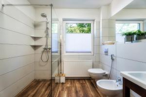 a bathroom with a shower and a toilet and a sink at Ski House Szczyrk - Centrum in Szczyrk +37 photos