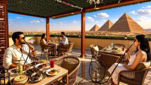 a group of people eating at a restaurant with pyramids in the background at Tropitel Pyramids View Hotel in Cairo