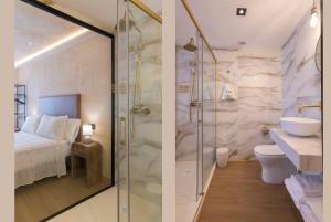 two images of a bathroom with a shower and a bedroom at Artilles Suites in Peniscola
